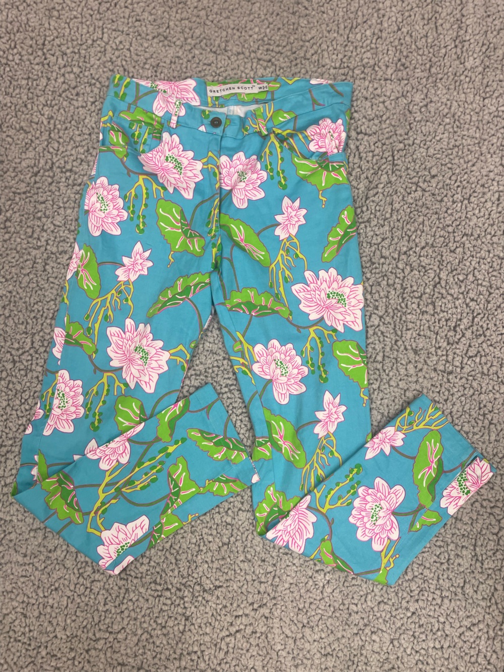 Gretchen Scott Floral Print Stretch Pants Turquoise Pink Green Size Small